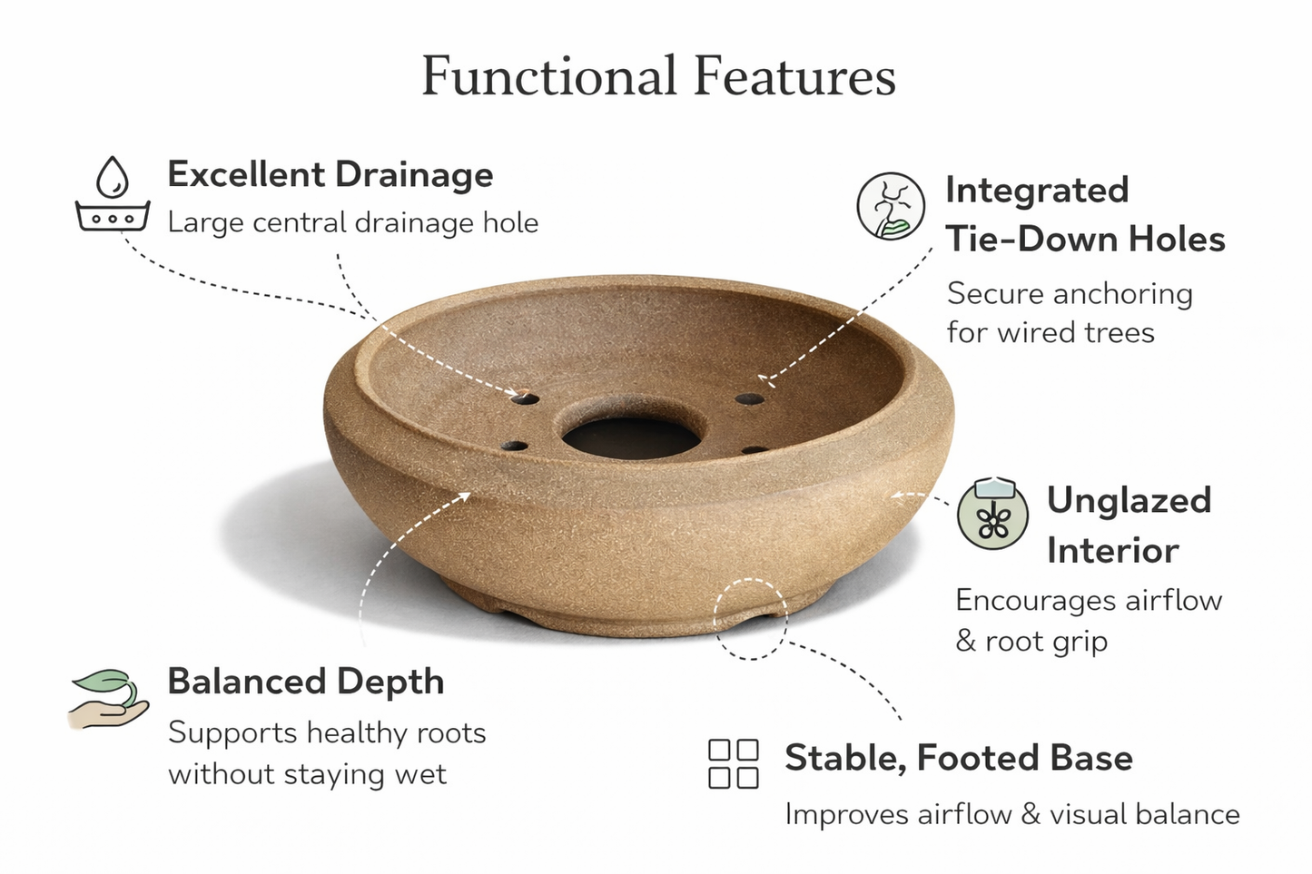 Handmade Round Bonsai Pot - Unglazed Stoneware