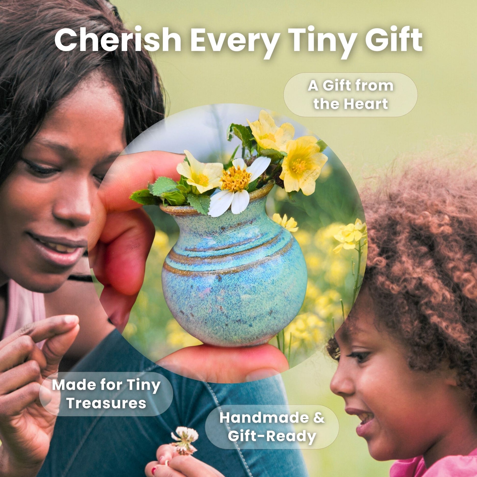 Handmade mini ceramic vase called Mommy Pot, approx. 1.5–2.5 inches tall. Tiny pottery bud vase with poem, perfect ready-to-gift keepsake for moms. Perfect for wildflowers.