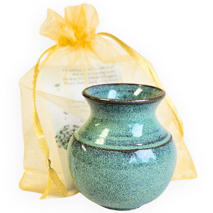 Handmade mini ceramic vase with organza gift bag called Mommy Pot, approx. 1.5–2.5 inches tall. Tiny pottery bud vase with poem, perfect ready-to-gift keepsake for moms. Perfect for wildflowers.