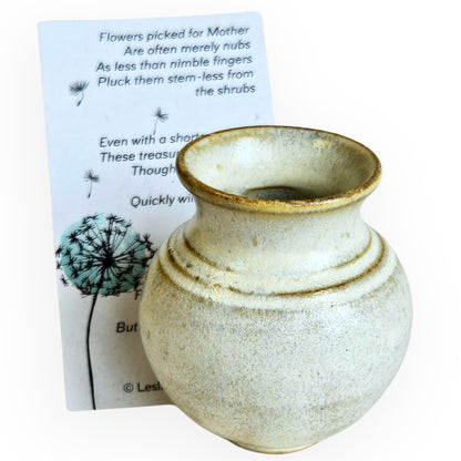 Handmade mini ceramic vase called Mommy Pot, approx. 1.5–2.5 inches tall. Tiny pottery bud vase with poem, perfect ready-to-gift keepsake for moms. Perfect for wildflowers.