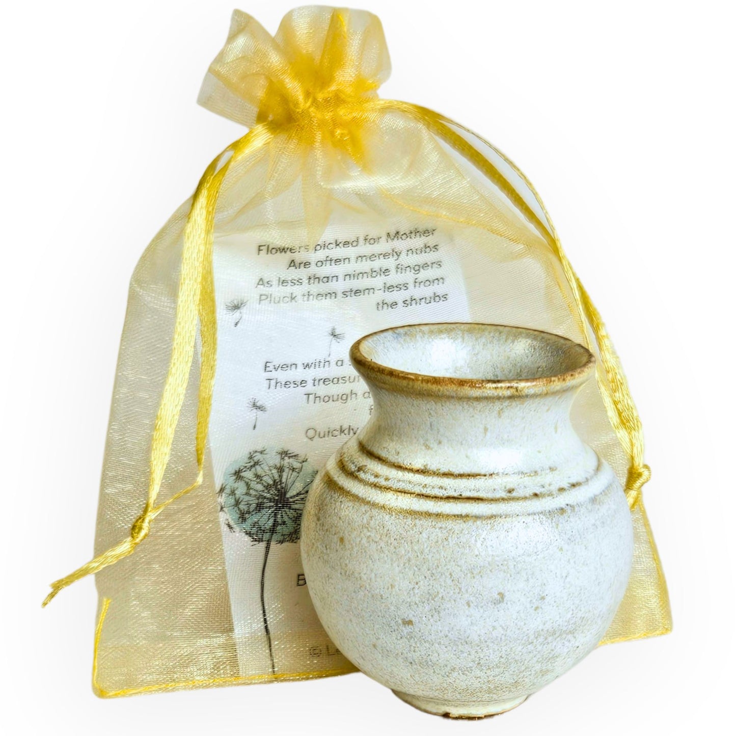 Handmade mini ceramic vase with organza gift bag called Mommy Pot, approx. 1.5–2.5 inches tall. Tiny pottery bud vase with poem, perfect ready-to-gift keepsake for moms. Perfect for wildflowers.