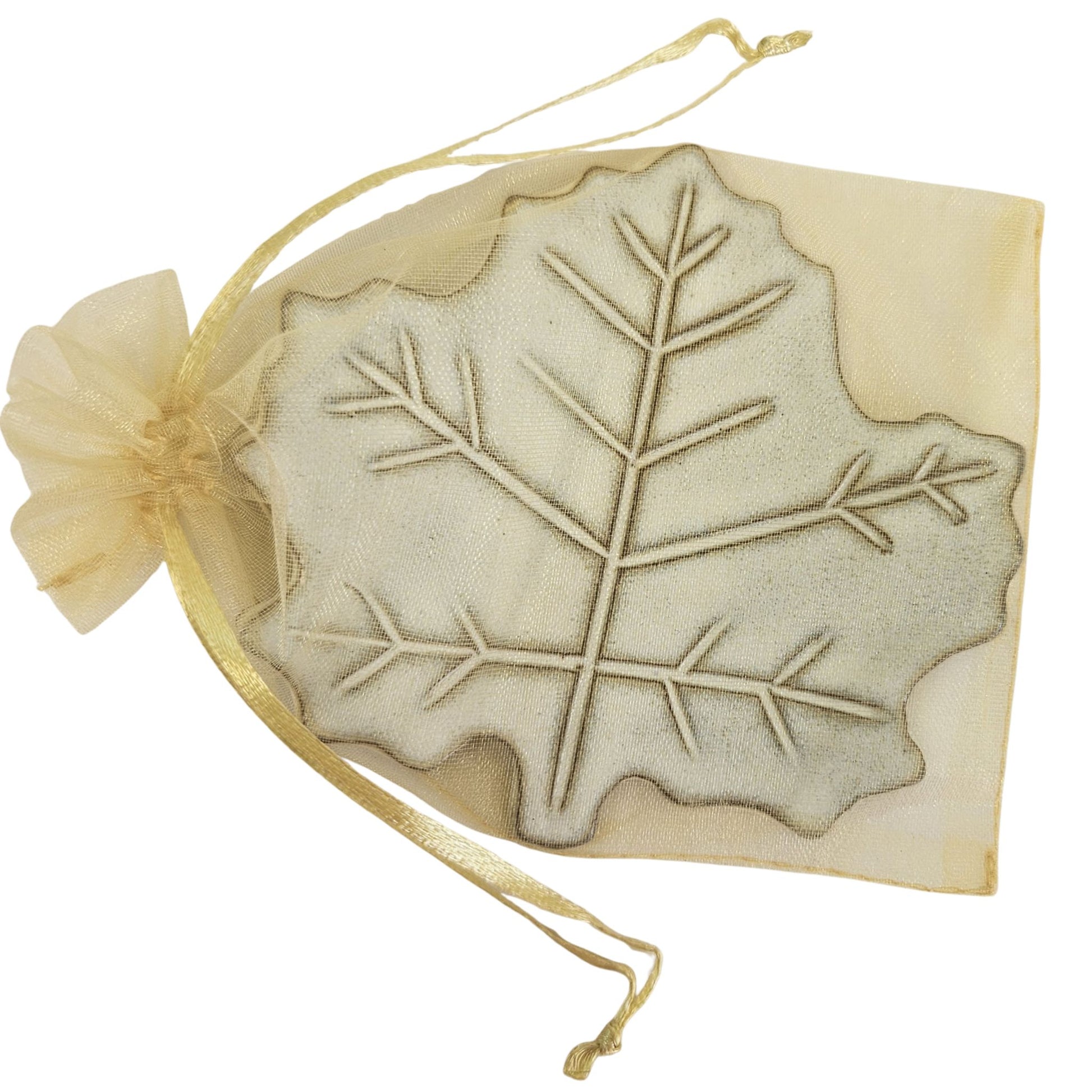 Maple leaf shaped miniature spoon rest wrapped in organza gift bag 