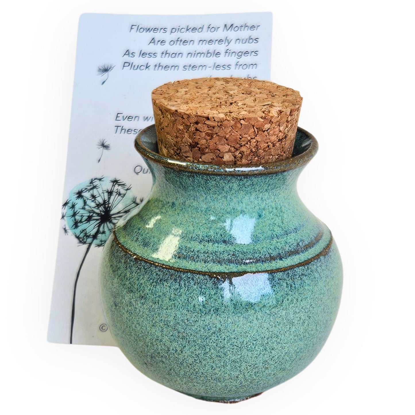 Handmade mini ceramic vase with cork called Mommy Pot, approx. 1.5–2.5 inches tall. Tiny pottery bud vase with poem, perfect ready-to-gift keepsake for moms. Perfect for wildflowers.