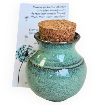 Handmade mini ceramic vase with cork called Mommy Pot, approx. 1.5–2.5 inches tall. Tiny pottery bud vase with poem, perfect ready-to-gift keepsake for moms. Perfect for wildflowers.
