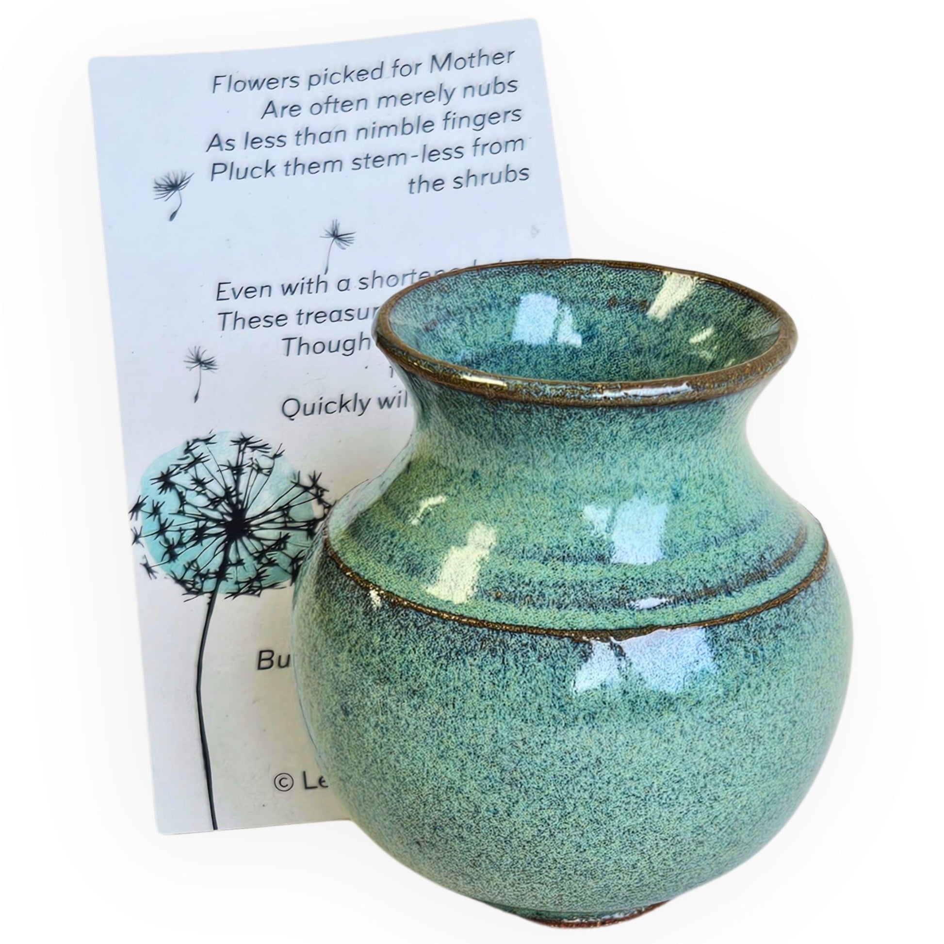 Handmade mini ceramic vase called Mommy Pot, approx. 1.5–2.5 inches tall. Tiny pottery bud vase with poem, perfect ready-to-gift keepsake for moms. Perfect for wildflowers.