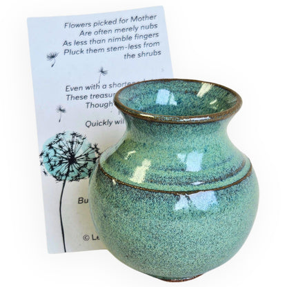 Handmade mini ceramic vase called Mommy Pot, approx. 1.5–2.5 inches tall. Tiny pottery bud vase with poem, perfect ready-to-gift keepsake for moms. Perfect for wildflowers.