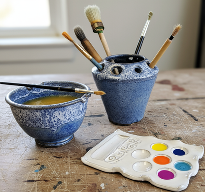 Blue ceramic brush holder jar with paintbrushes, a bowl of paint rinse water with paintbrush resting on rim, and a ceramic paint color palette on a wooden surface.