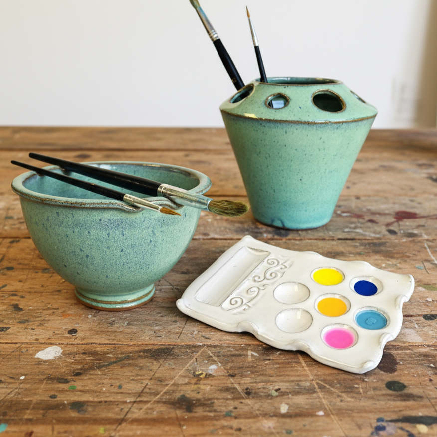 Art painting supplies made of ceramic including painters rinse bowl with brush rest, brush holder caddy, and a white swirl design palette with colorful paints on a wooden surface.