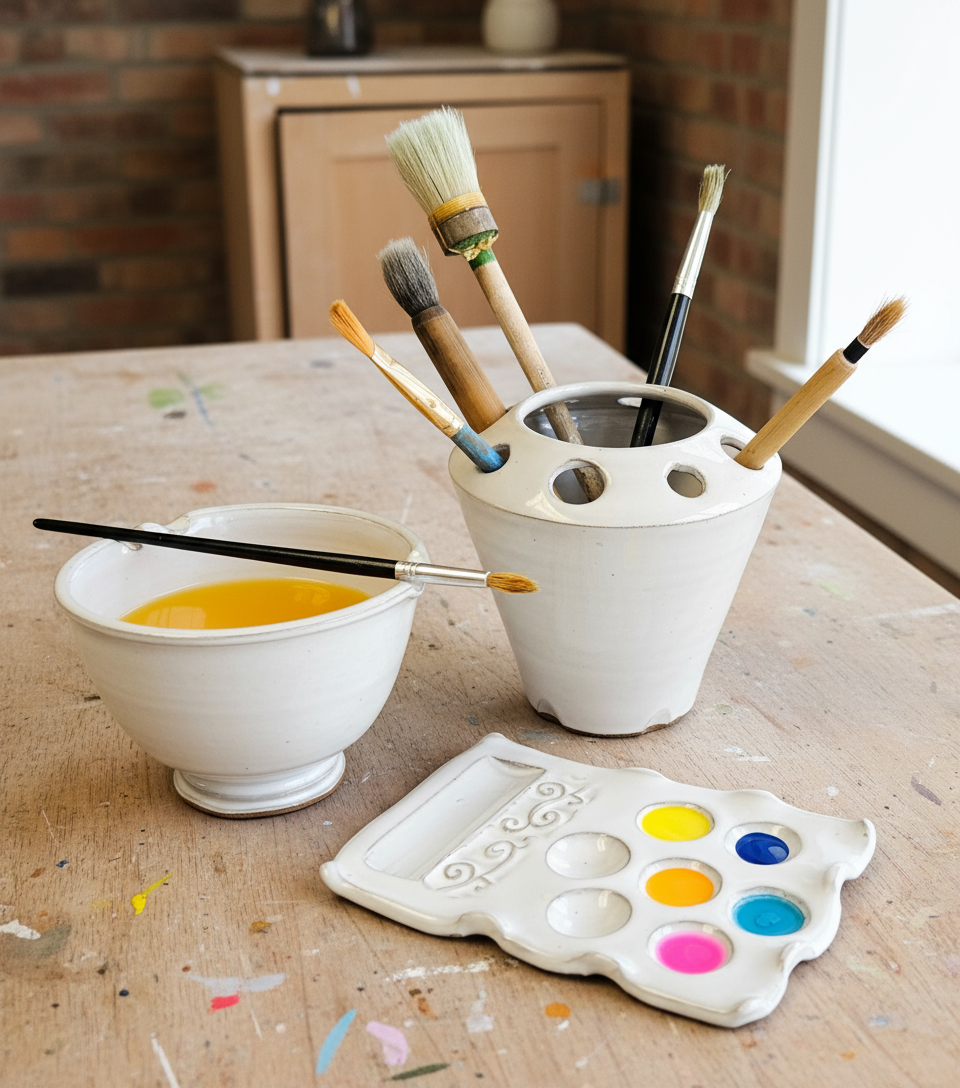 Paintbrush holder with brushes, a bowl of paint, and a color palette on a wooden surface.