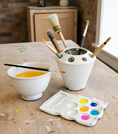 Paintbrush holder with brushes, a bowl of paint, and a color palette on a wooden surface.