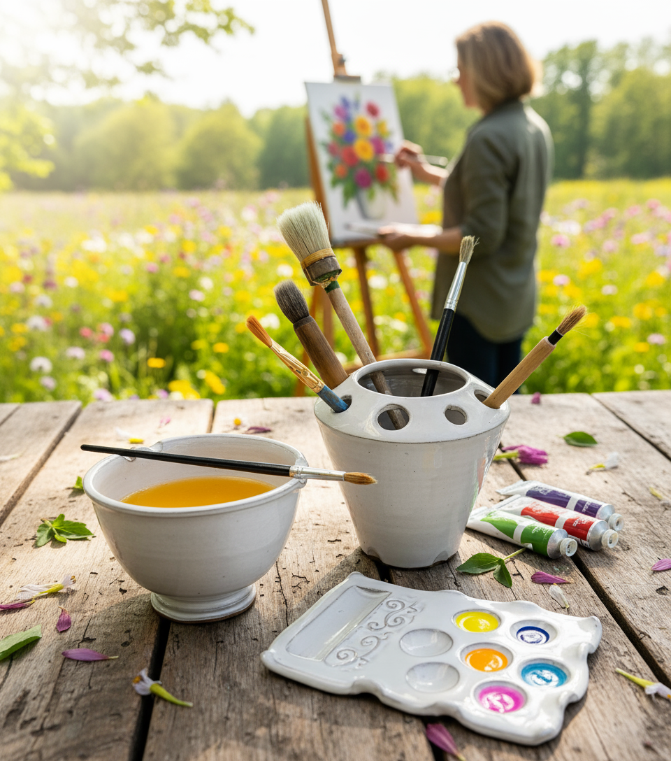 Paint Brush Organizer & Water Rinse Bowl and Rest, Artist Gift Set White