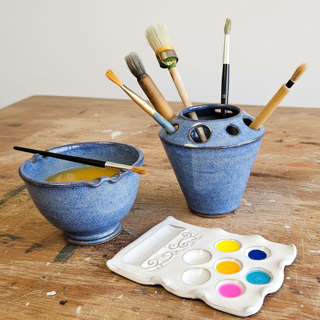 Blue ceramic brush organizer caddy with paintbrushes, a bowl for paint brush rinsing, and a paint palette with colorful paints in it on a wooden surface.