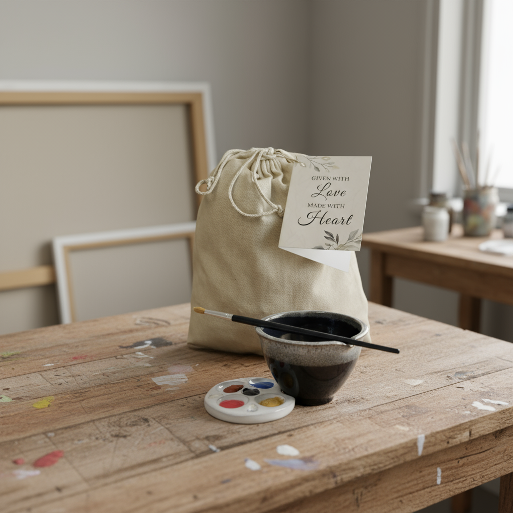 Black Watercolor Paint rinse bowl with paintbrush on rest and round palette with canvas gift bag in art studio setup