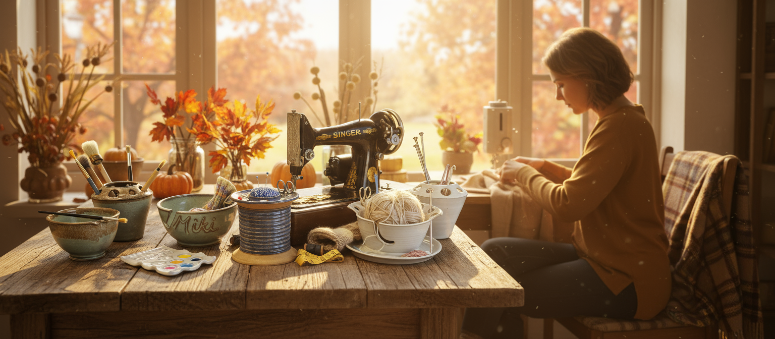 Beautiful autumn display of unique handmade pottery at The Mud Place — functional ceramics, gift-worthy artisan pieces including sewing caddies, paint palettes, yarn bowls, spoon rests & more.