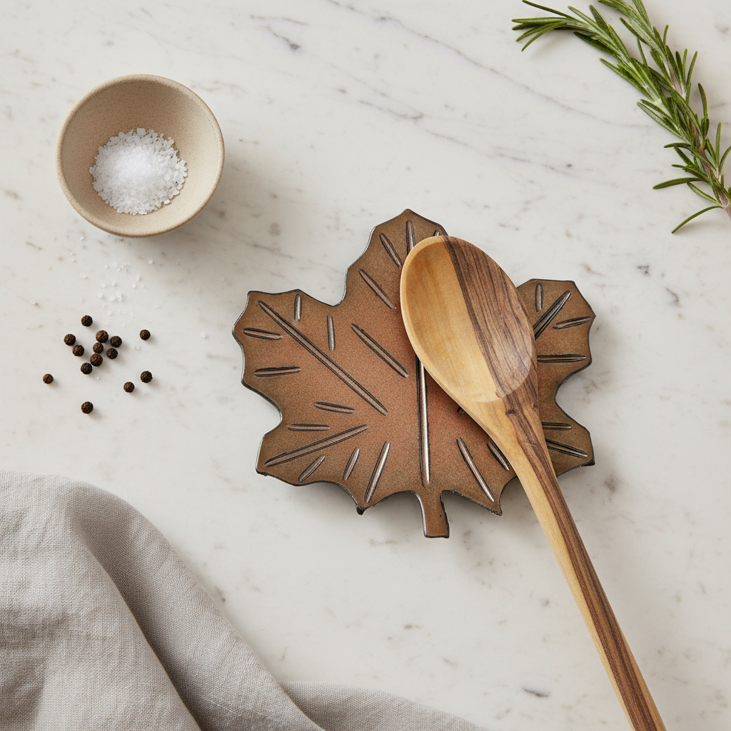 Ceramic leaf-shaped trivet with a wooden spoon on a marble surface with cooking herbs and dish towel nearby.