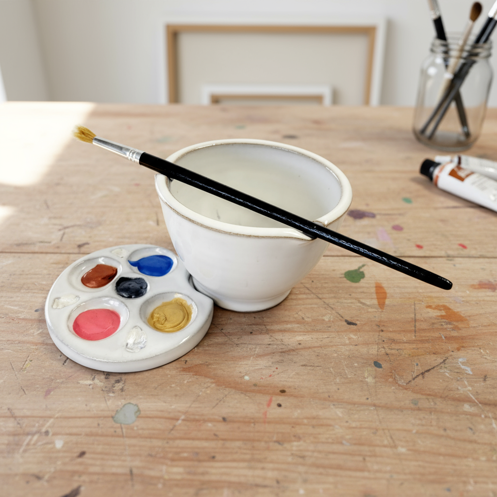 All-white handmade ceramic watercolor palette and rinse bowl set displayed in art studio on a bright wooden tabletop with paintbrush and paints.