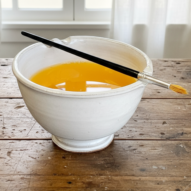White painters rinse bowl with yellow liquid and a brush laying on a brush rest on a wooden surface