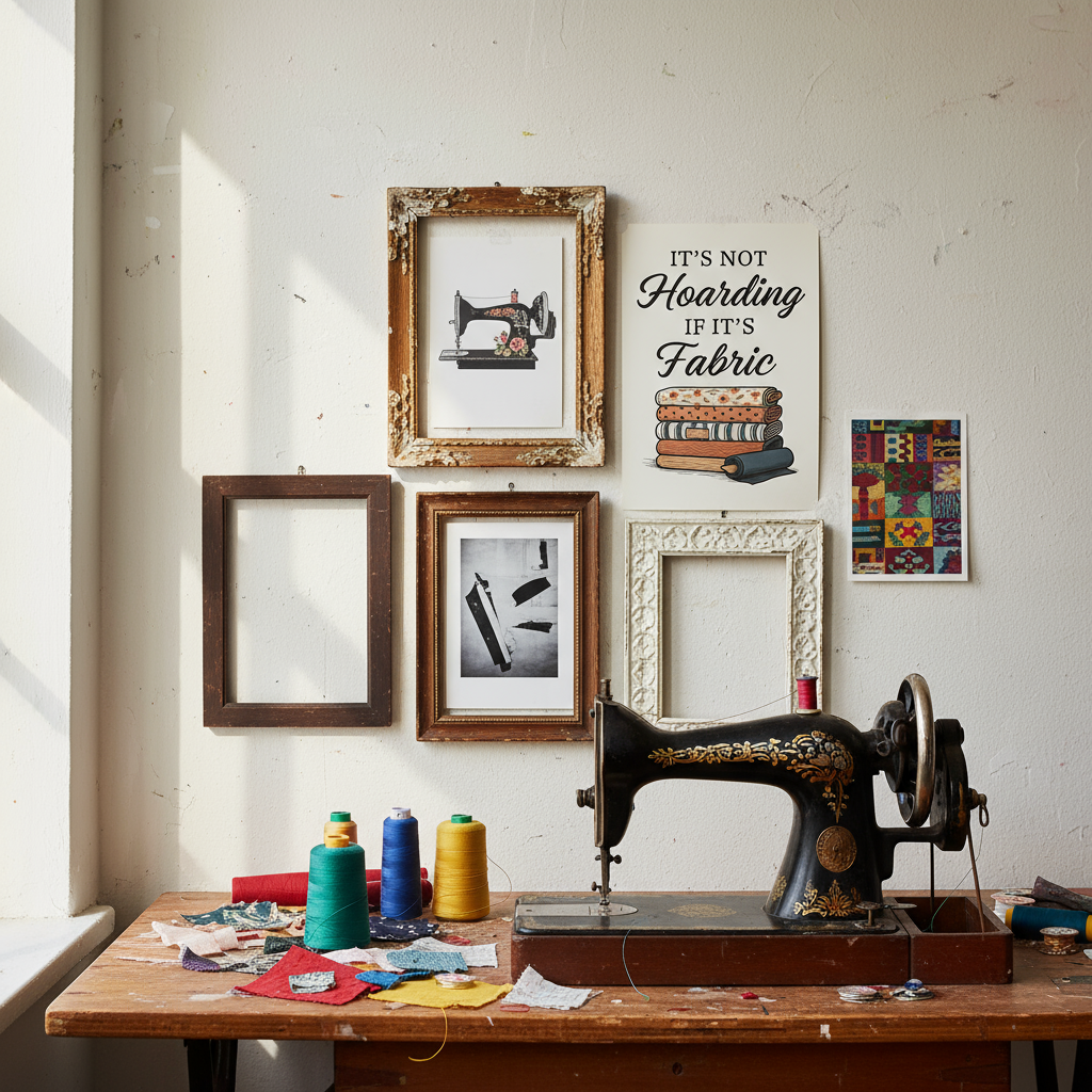 Sewing-themed printable wall art for your sewing studio. Prints include quotes like “It’s Not Hoarding If It’s Fabric,” “May Your Bobbin Always Be Full,” “Measure Twice Cut Once,” and “Sewing Is My Love Language,” styled in warm tones with vintage illustrations.
