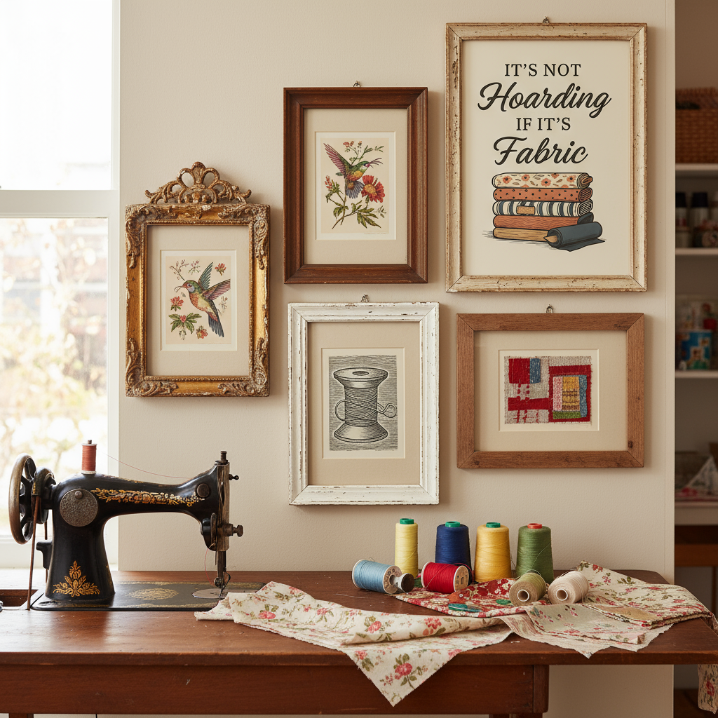 Cozy sewing room gallery wall with framed sewing-themed printable art displayed above a craft table.