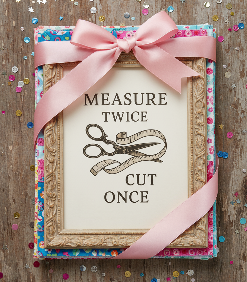 Sewing-themed printable wall art crafted into a framed artwork for a birthday present. Prints include quotes like “It’s Not Hoarding If It’s Fabric,” “May Your Bobbin Always Be Full,” “Measure Twice Cut Once,” and “Sewing Is My Love Language,” styled in warm tones with vintage illustrations.