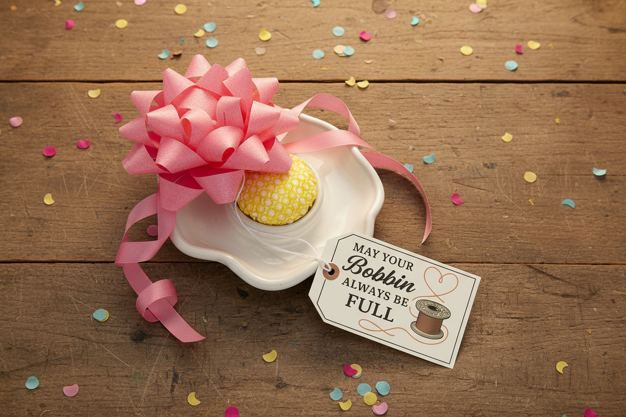 Sewing-themed printable wall art crafted into a birthday gift tag. Prints include quotes like “It’s Not Hoarding If It’s Fabric,” “May Your Bobbin Always Be Full,” “Measure Twice Cut Once,” and “Sewing Is My Love Language,” styled in warm tones with vintage illustrations.