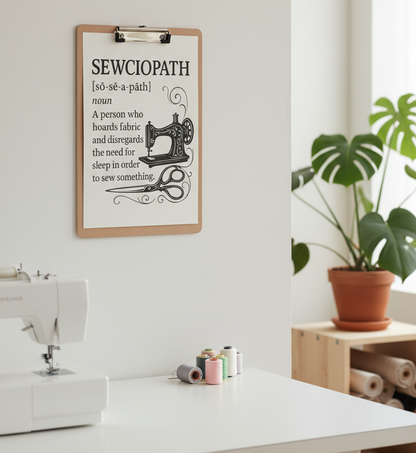 Sewing-themed printable wall art crafted into wall art print on a clipboard. Prints include quotes like “It’s Not Hoarding If It’s Fabric,” “May Your Bobbin Always Be Full,” “Measure Twice Cut Once,” and “Sewing Is My Love Language,” styled in warm tones with vintage illustrations.