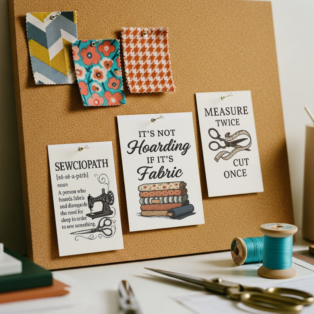 Sewing-themed printable wall art printed and hung on a cork board. Prints include quotes like “It’s Not Hoarding If It’s Fabric,” “May Your Bobbin Always Be Full,” “Measure Twice Cut Once,” and “Sewing Is My Love Language,” styled in warm tones with vintage illustrations.