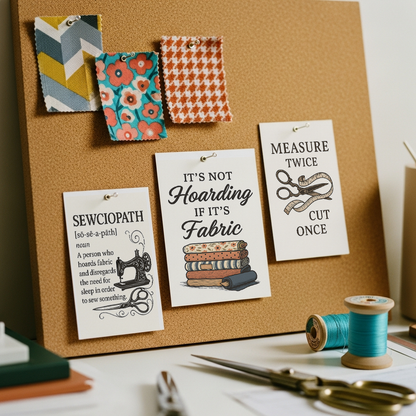 Sewing-themed printable wall art printed and hung on a cork board. Prints include quotes like “It’s Not Hoarding If It’s Fabric,” “May Your Bobbin Always Be Full,” “Measure Twice Cut Once,” and “Sewing Is My Love Language,” styled in warm tones with vintage illustrations.