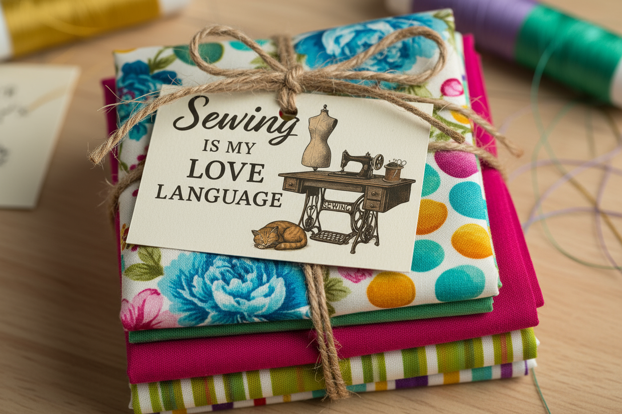 Sewing-themed printable wall art crafted into a gift tag with fat quarters fabric gift. Prints include quotes like “It’s Not Hoarding If It’s Fabric,” “May Your Bobbin Always Be Full,” “Measure Twice Cut Once,” and “Sewing Is My Love Language,” styled in warm tones with vintage illustrations.