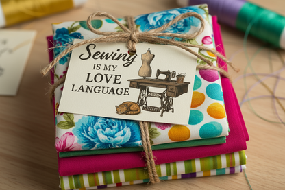 Sewing-themed printable wall art crafted into a gift tag with fat quarters fabric gift. Prints include quotes like “It’s Not Hoarding If It’s Fabric,” “May Your Bobbin Always Be Full,” “Measure Twice Cut Once,” and “Sewing Is My Love Language,” styled in warm tones with vintage illustrations.