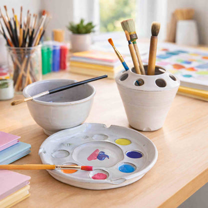 Watercolor Painting and art supplies including paintbrushes, a brush rinse bowl, and a color paint palette on a wooden table.
