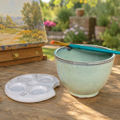 Handmade Ceramic Watercolor Palette & Rinse Bowl Set, Green