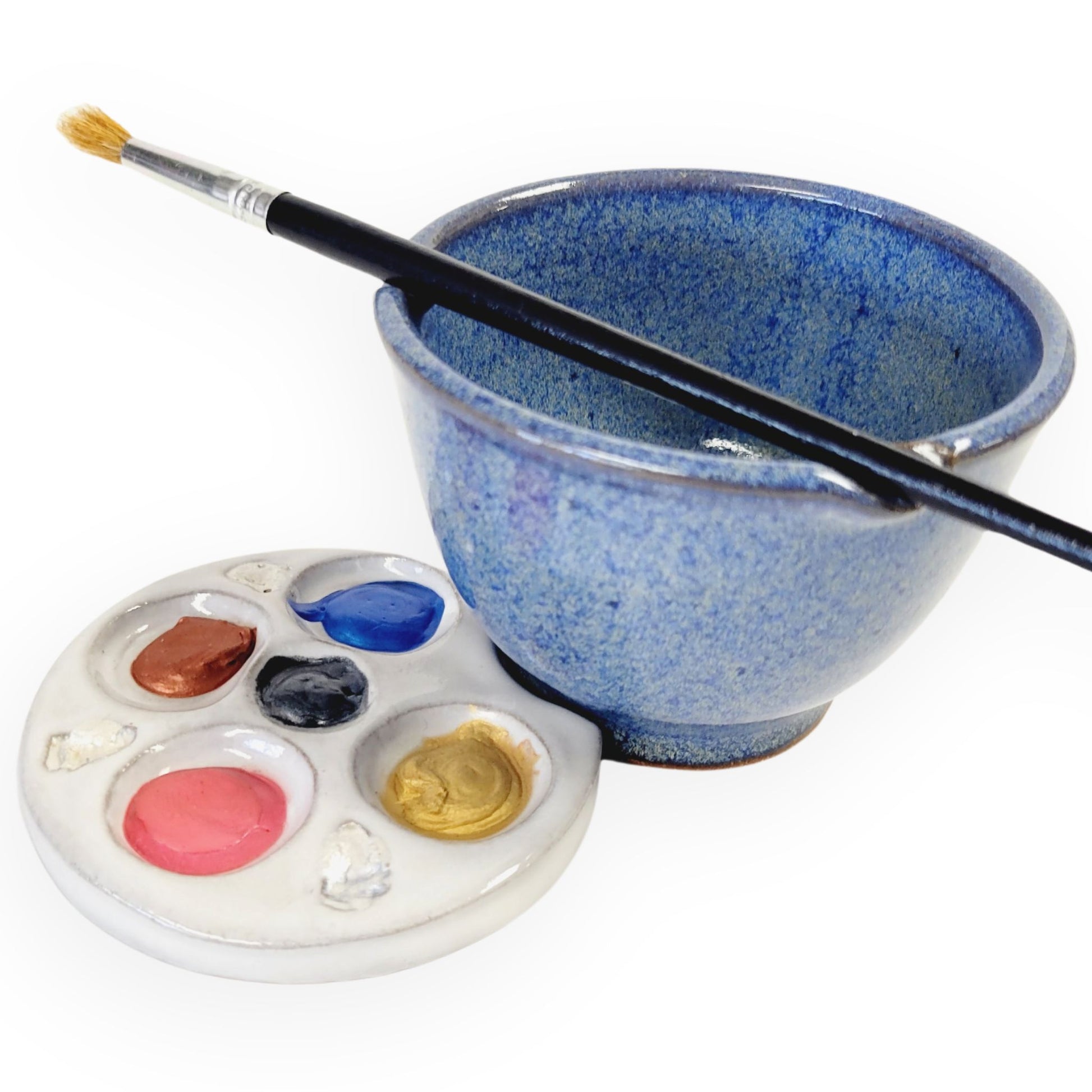 Handmade pottery watercolor palette and bowl set of a smaller size that is ideal for beginners or travel. Set includes palm-sized paint palette and brush rinse bowl in blue