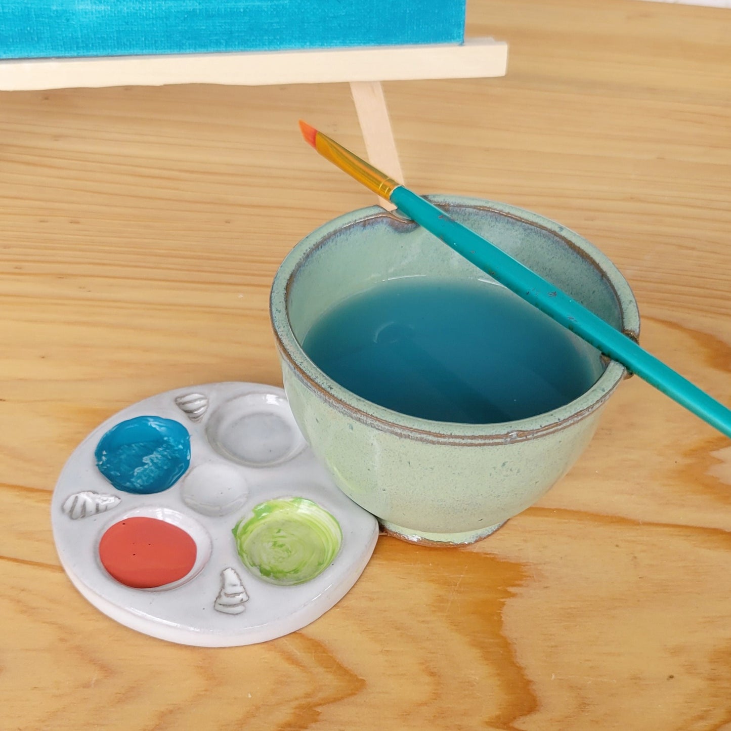 Handmade Ceramic Watercolor Palette & Rinse Bowl Set, Green