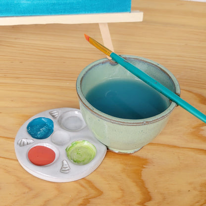 Handmade Ceramic Watercolor Palette & Rinse Bowl Set, Green