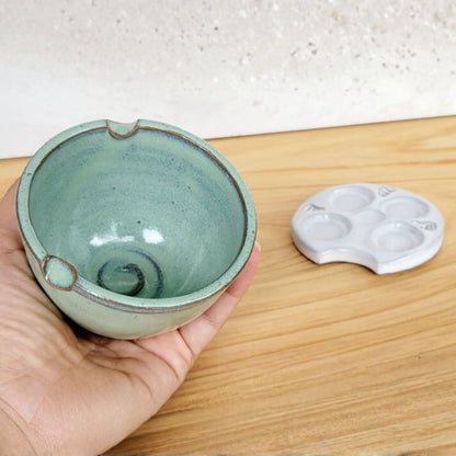 Handmade Ceramic Watercolor Palette & Rinse Bowl Set, Green