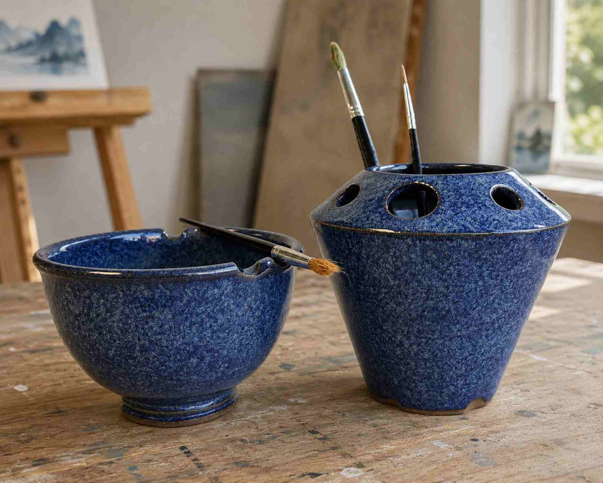 Set of paintbrush holder and brush rinse cup with brush rests on a wooden table in an art studio setting.