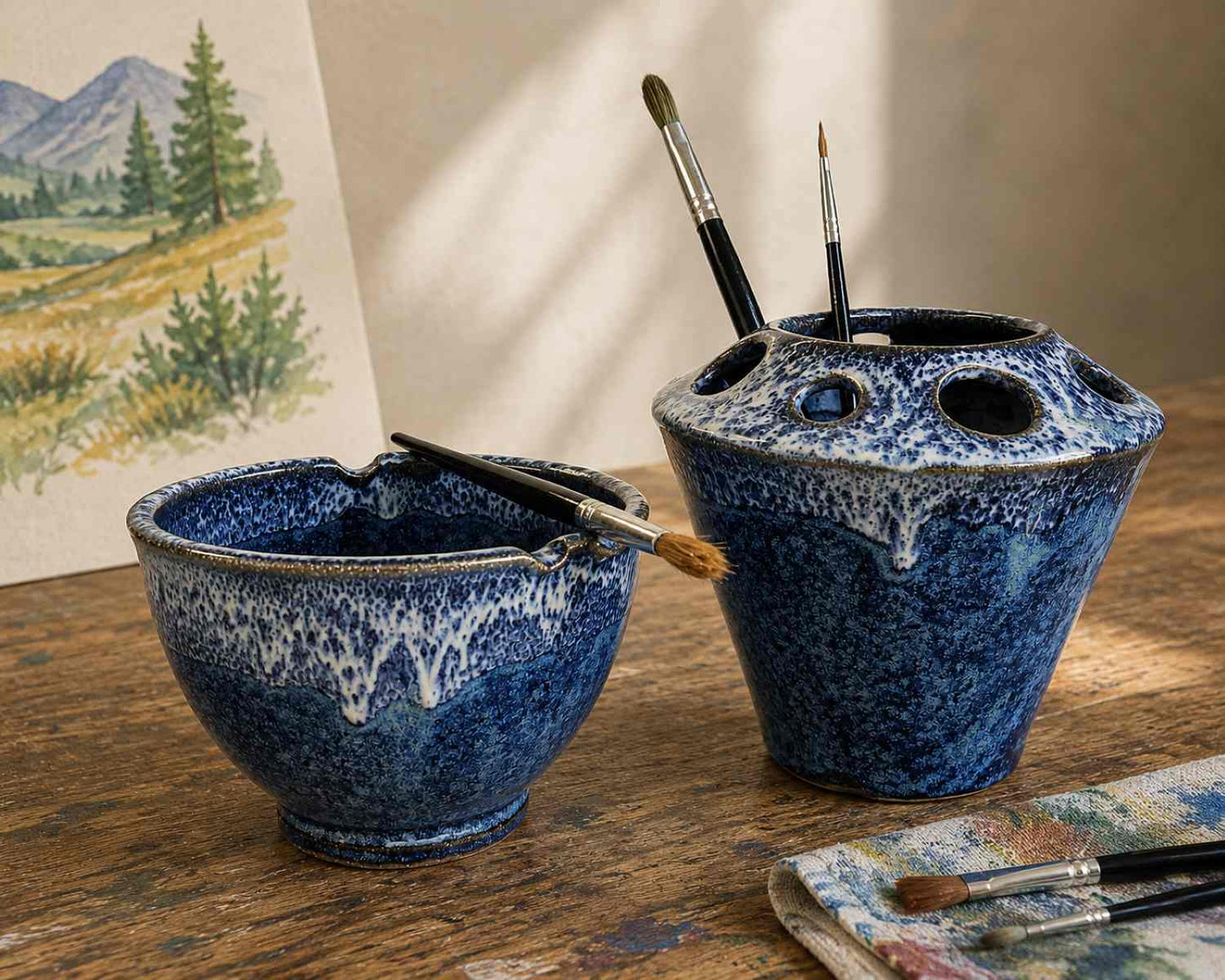 Two paint studio containers with a speckled glaze, one a brush rinse cup with paintbrush rests and the other a brush holder, displayed on a wooden table with paintbrushes in and around them. A landscape painting and palette are partially visible in the background.