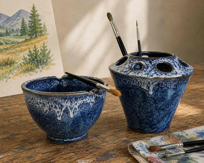 Two paint studio containers with a speckled glaze, one a brush rinse cup with paintbrush rests and the other a brush holder, displayed on a wooden table with paintbrushes in and around them. A landscape painting and palette are partially visible in the background.