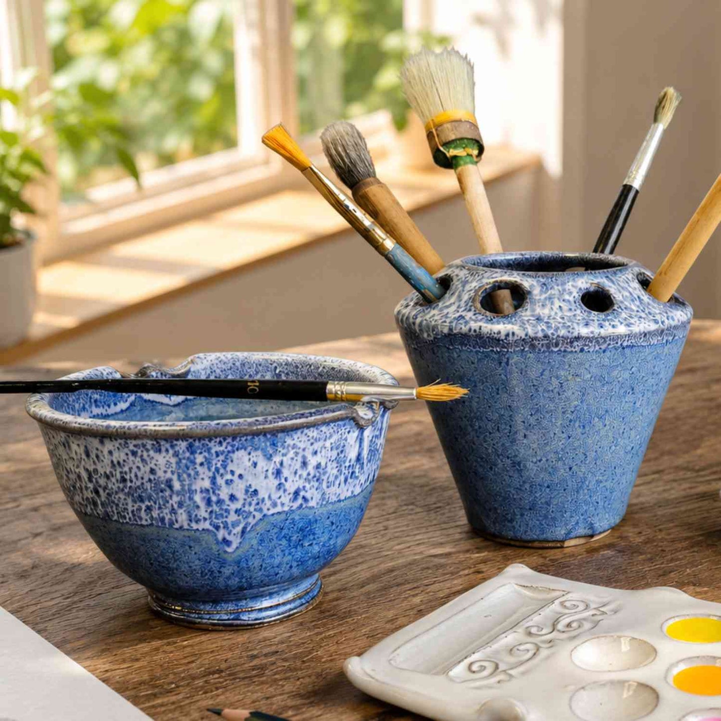 Two blue speckled paintbrush holders on a wooden table, one bowl-shaped and one cup-shaped, with paintbrushes inserted. A white paint palette is in the foreground, and a window with greenery is blurred in the background.