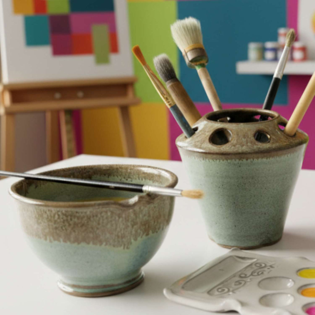 Artist Brush Caddy + Rinse Bowl with Brush Rests Gift Set, Green Bronze