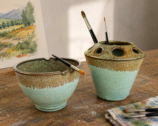 Artist Brush Caddy + Rinse Bowl with Brush Rests Gift Set, Green Bronze