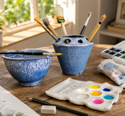 A paint brush rinse bowl with brush holders, a matching brush holder with paintbrushes, a white ceramic paint palette, and other art supplies.