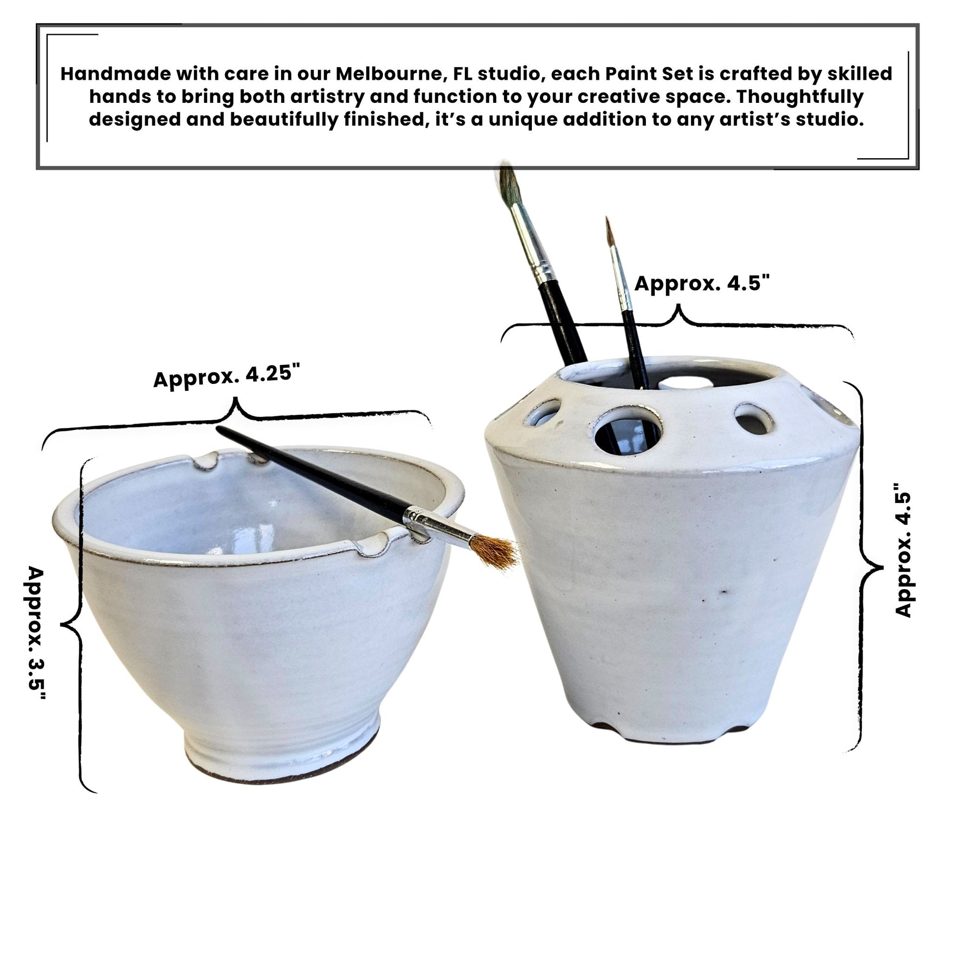 DImensions of a Handmade ceramic watercolor painting set with matching brush rinse bowl and coordinating brush and craft tool caddy. overlay text include dimensions and handmade nature of the artist set made in Melbourne, Florida.