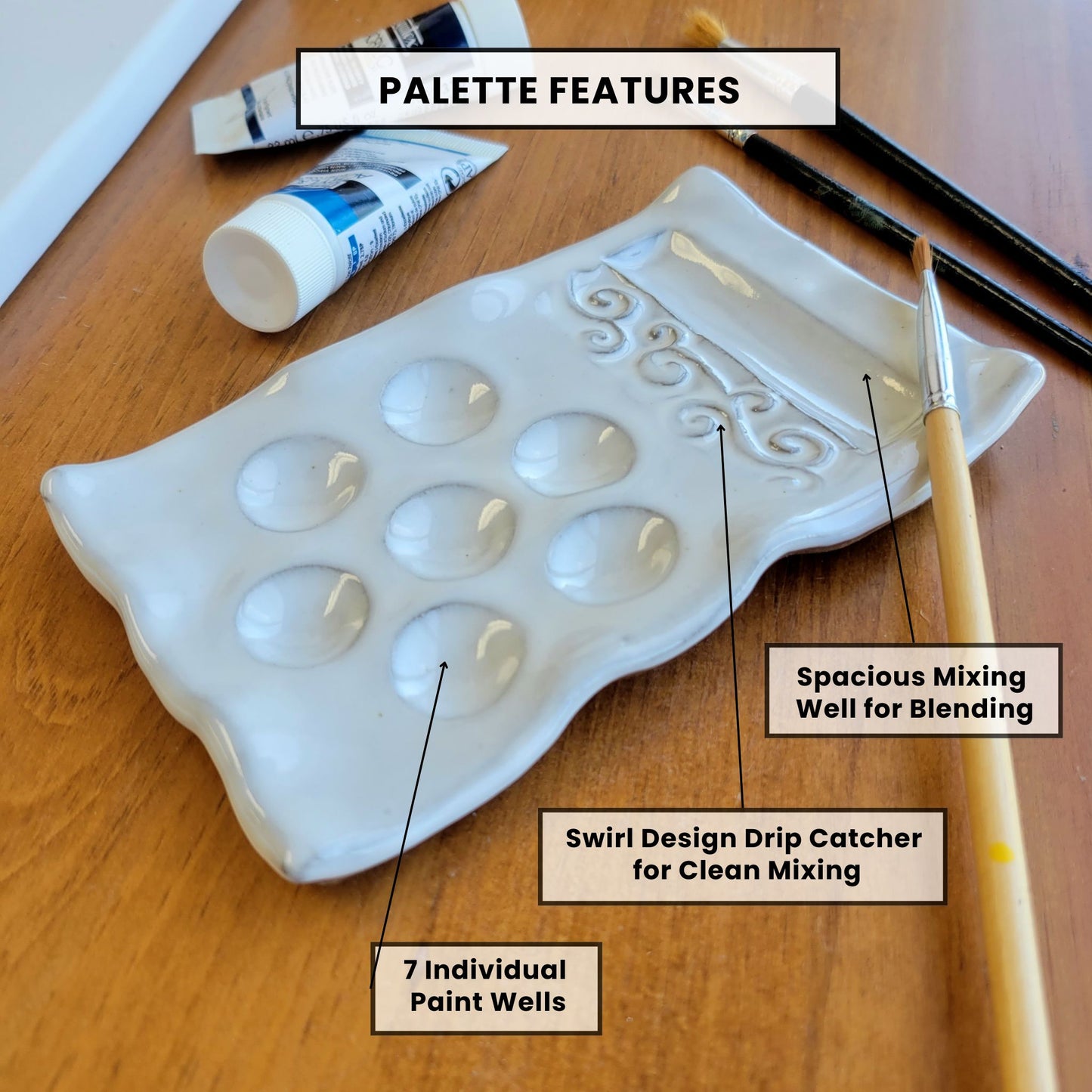 Handmade watercolor paint palette in ceramic stoneware with seven paint wells, swirl mixing texture, and brush rest scalloping. Durable, dishwasher-safe pottery palette for artists and painters.