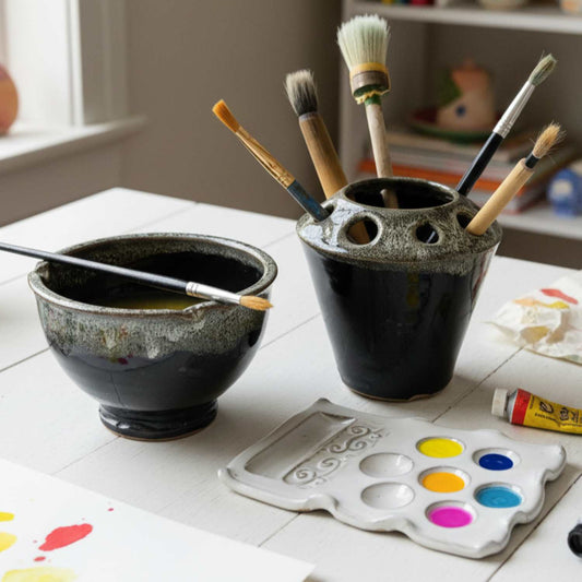 Painters palette set including a brush rinse cup with brush rest, paintbrush holder filled with brushes in black speckle and a white ceramic paint palette with colorful paints.