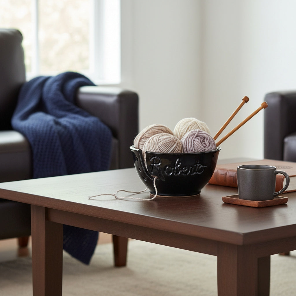 a ceramic black yarn bowl with name 'Roberto' filled with yarn balls on a table in a masculine living room with knitting needles and mug