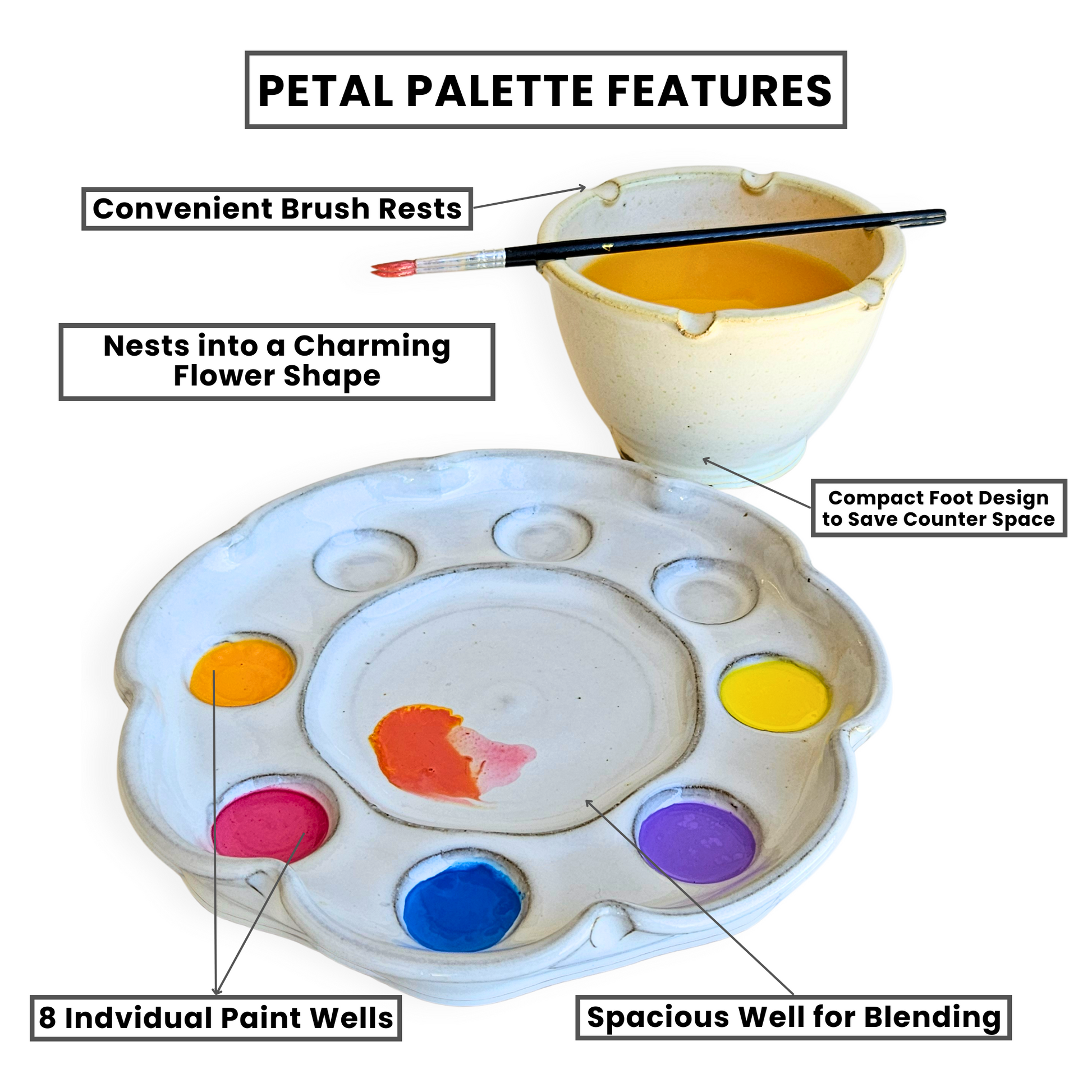 Features of the Petal Palette callouts: Convenient Brush Rests, Nests into a charming flower shape, compact foot design to save counter space, 8 individual paint wells, spacious well for blending. 