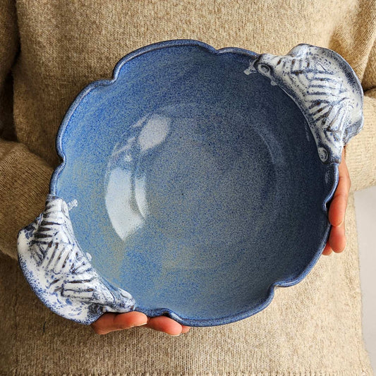 Large Variegated Blue Serving Bowl with Speckled Handles