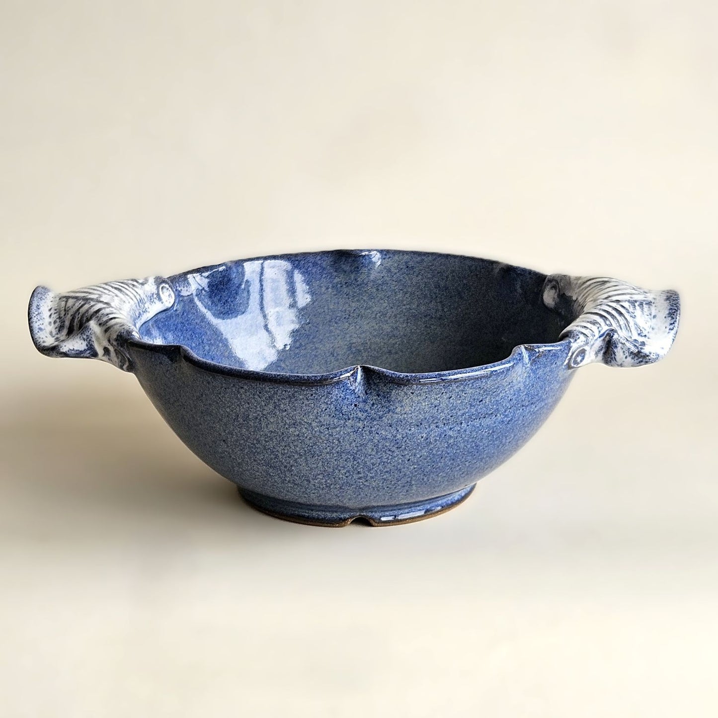 Large Variegated Blue Serving Bowl with Speckled Handles